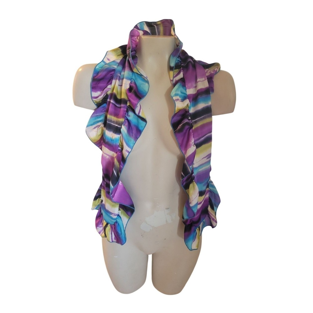 Abstract Watercolor Ruffle Scarf Vest Purple Turquoise Yellow One Size
